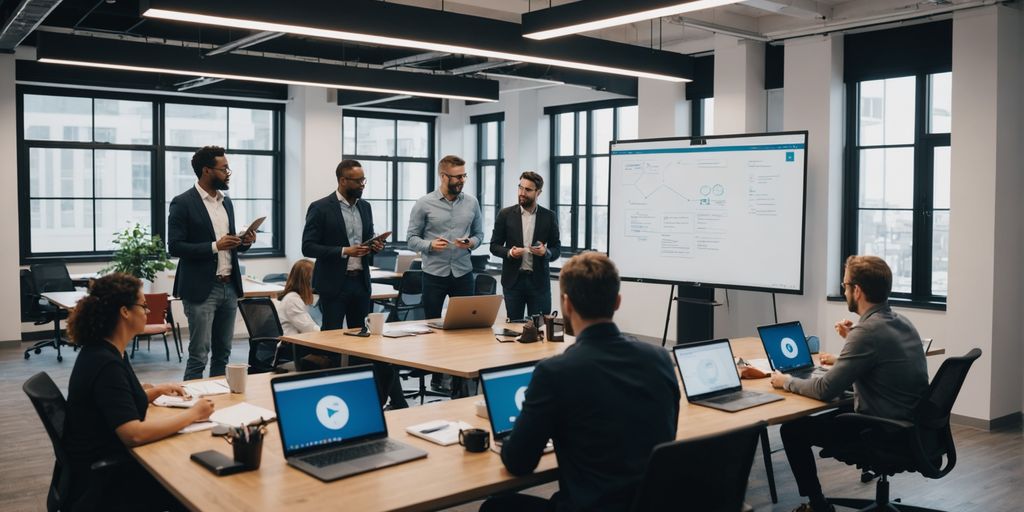 Professionals collaborating on AI SaaS development.