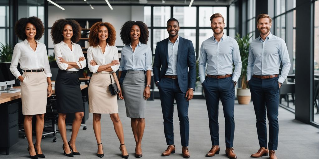 Professionals in casual and semi-formal attire in an office.