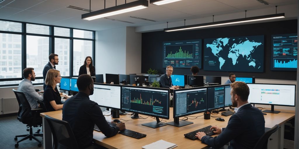 Team analyzing data on screens in modern office.