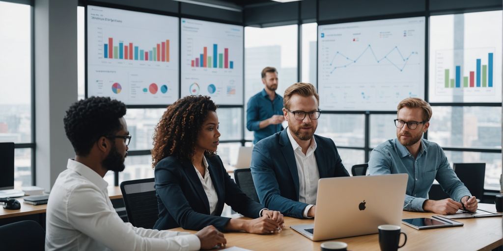 Professionals collaborating in a modern office.