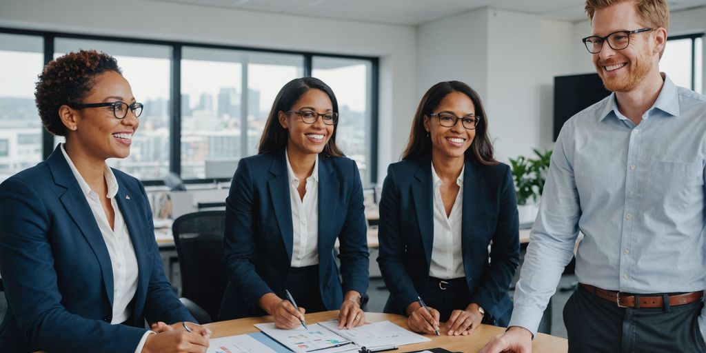 Business professionals discussing in a modern office.