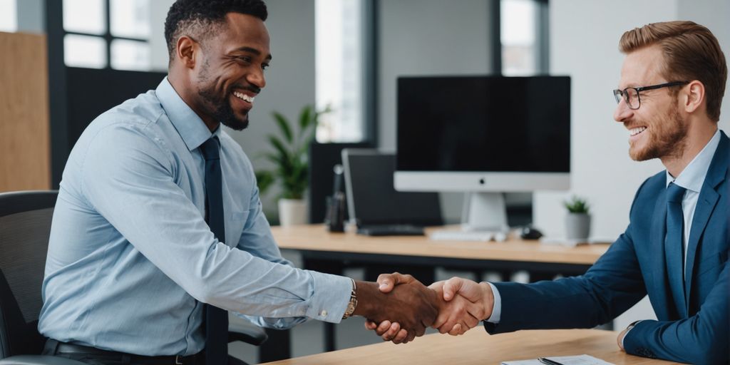 Businessperson shaking hands with a client in an office.