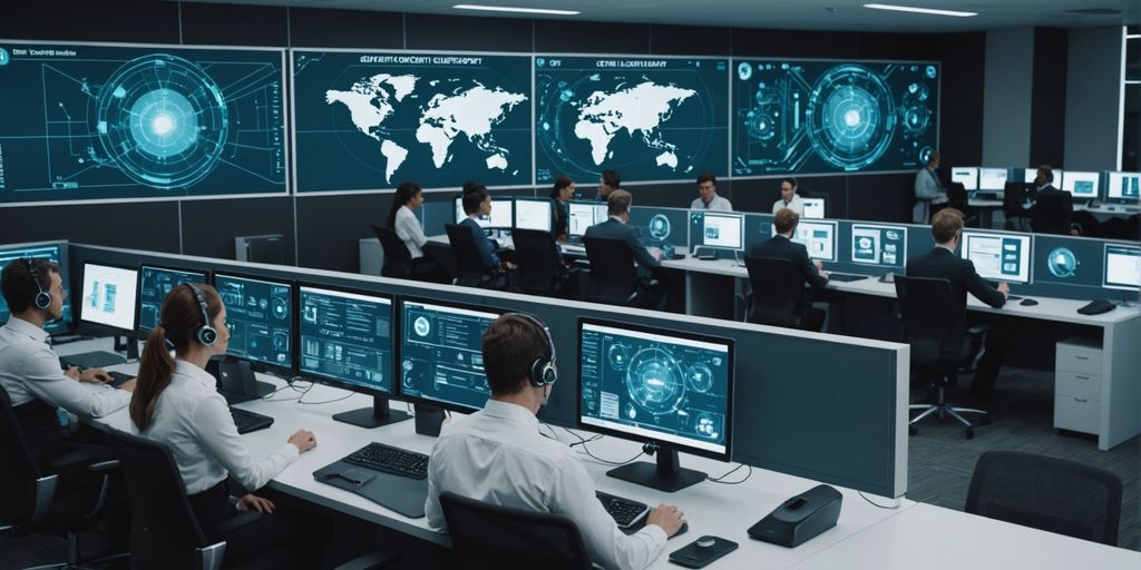 Customer support center with digital automation elements.