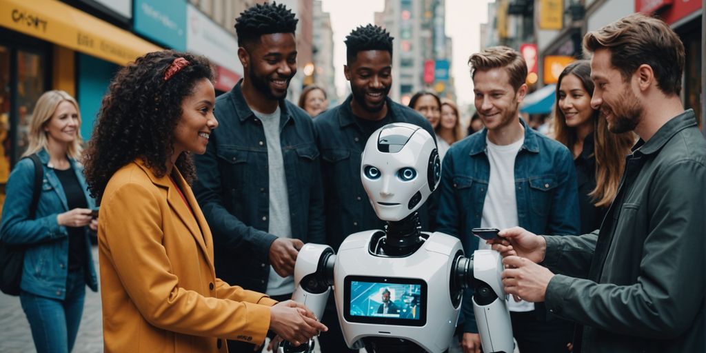 Diverse group with AI robot in multicultural city.