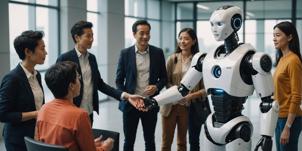 Diverse group with robot in modern room