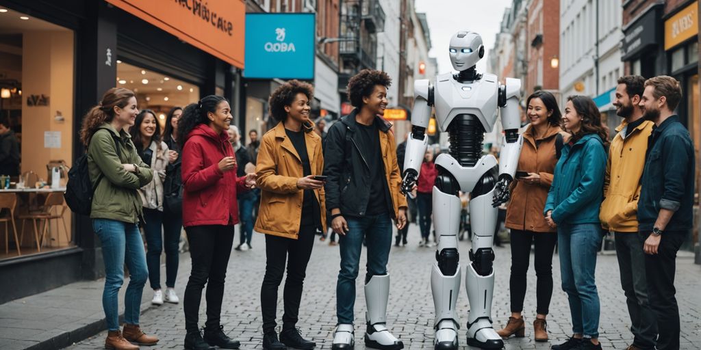 Diverse group with robot in multicultural city