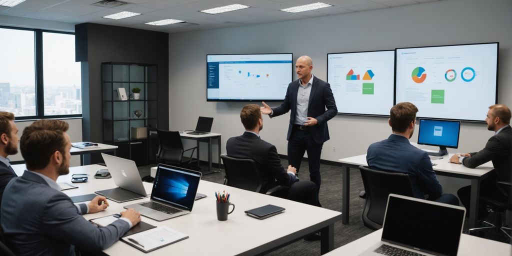 Trainer guiding resellers in a modern office