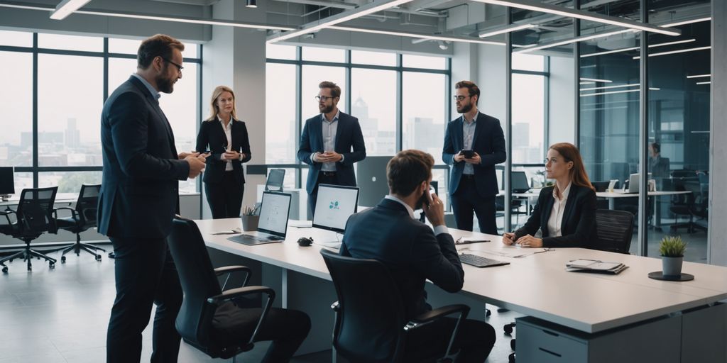 Professionals discussing AI phone solutions in an office.