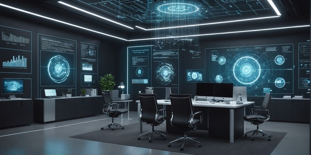 Futuristic office with AI holograms and data streams