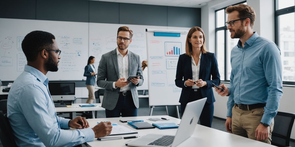 Professionals discussing AI phone solutions in an office.