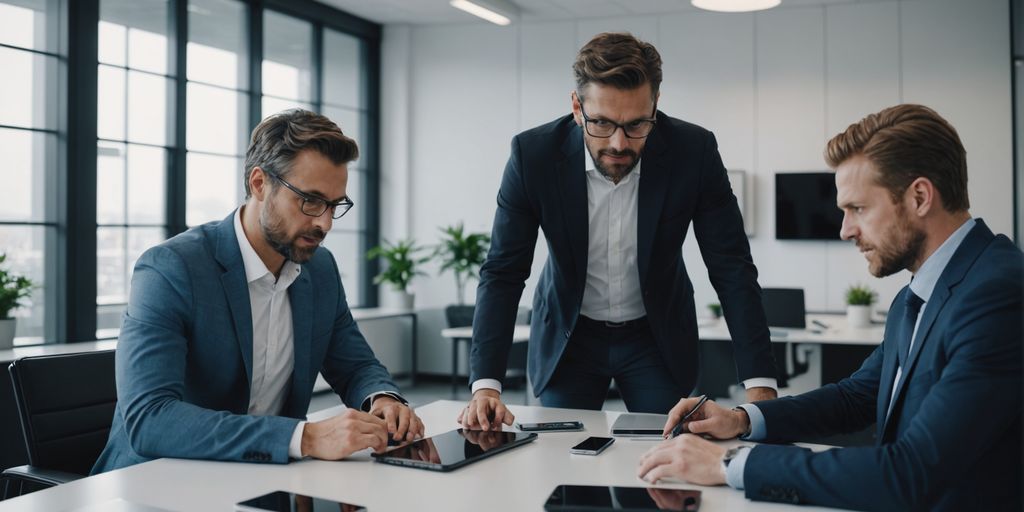 Team discussing AI phone solutions in office.