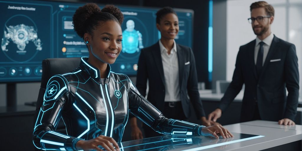 AI hologram assisting customers at futuristic service desk.