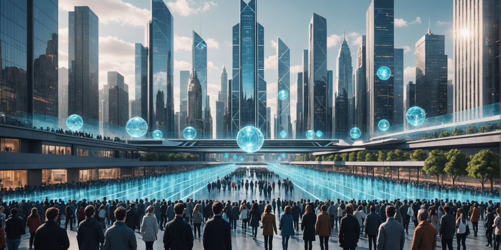 AI holograms in futuristic cityscape