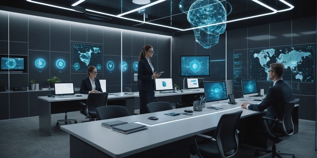 AI holograms assisting professionals in a futuristic office.