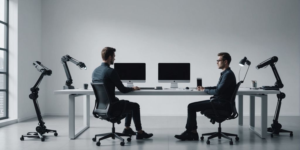Person alone at desk with AI devices.