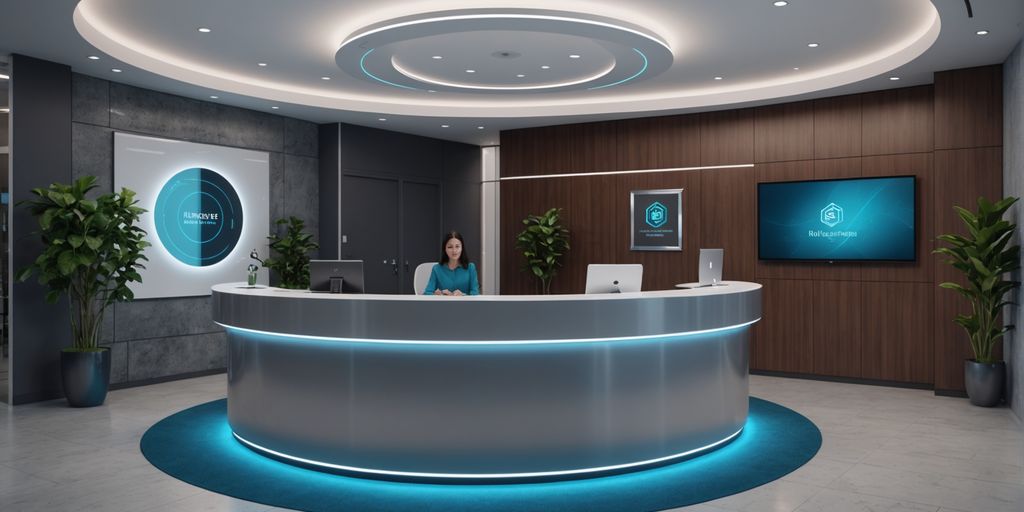 AI receptionist in modern office lobby