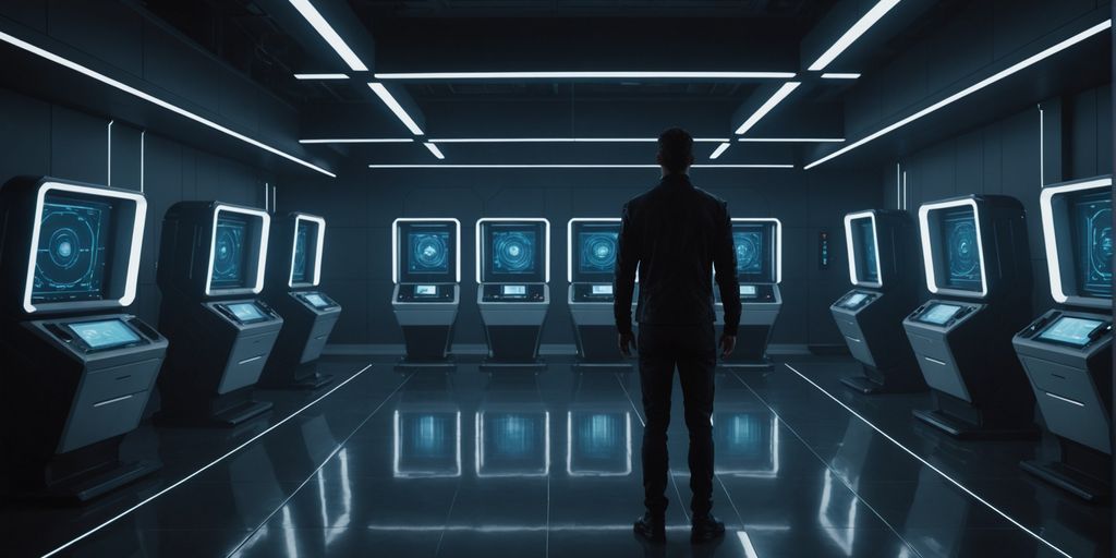 Human figure alone with AI machines in dim room.