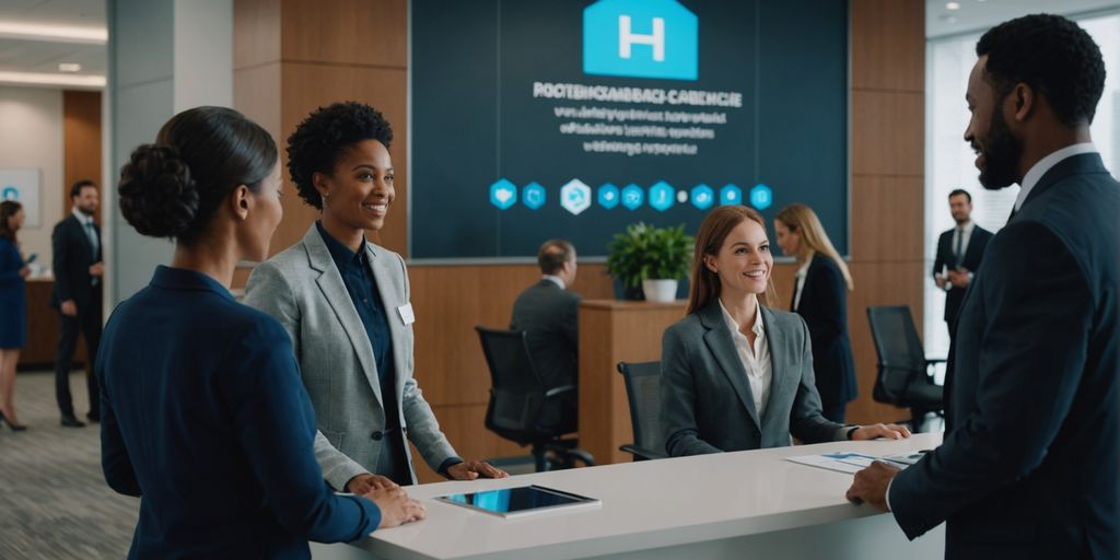 AI receptionist greeting business people in office lobby.