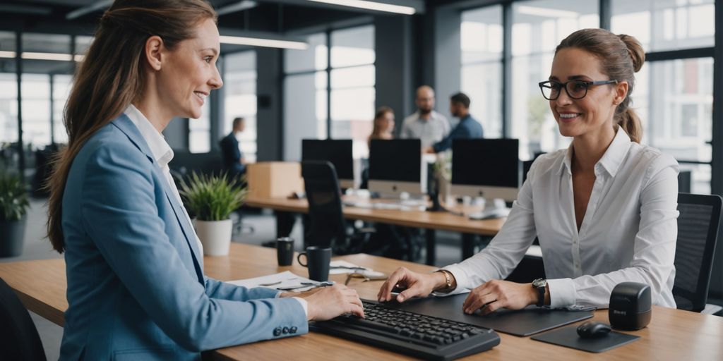 AI receptionist assisting reseller in modern office