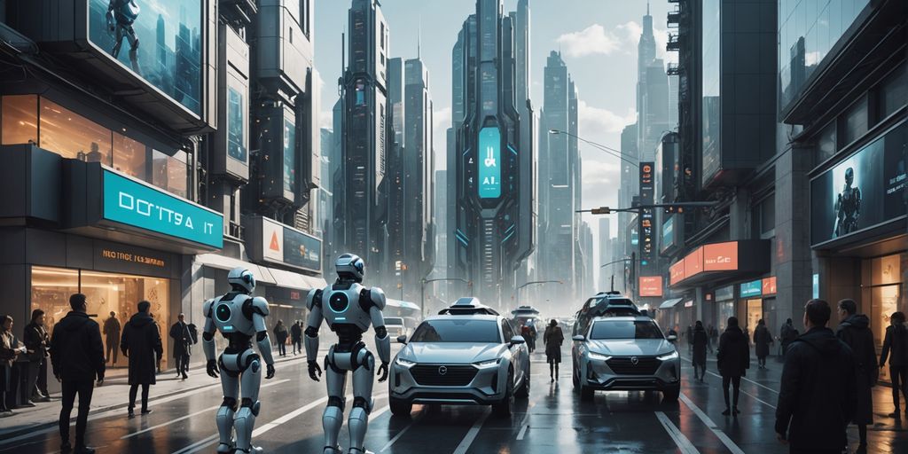 Robots in a city, humans observing from afar.