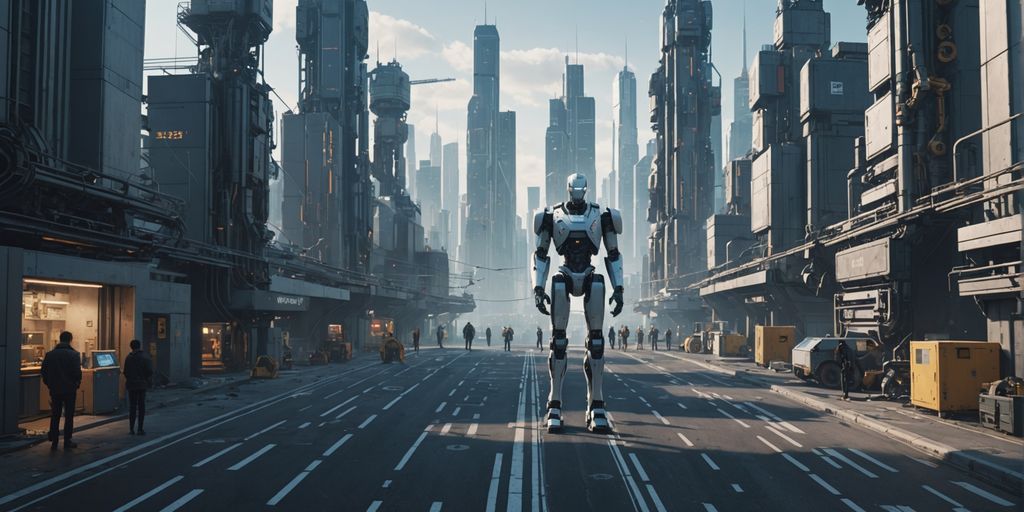 Person alone in a city of robots and AI