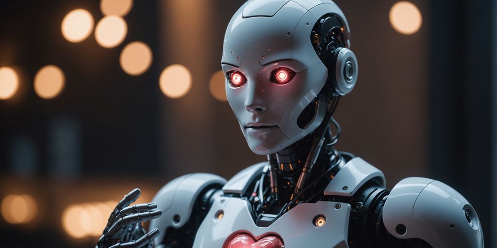 Robot holding glowing heart, symbolizing AI empathy.