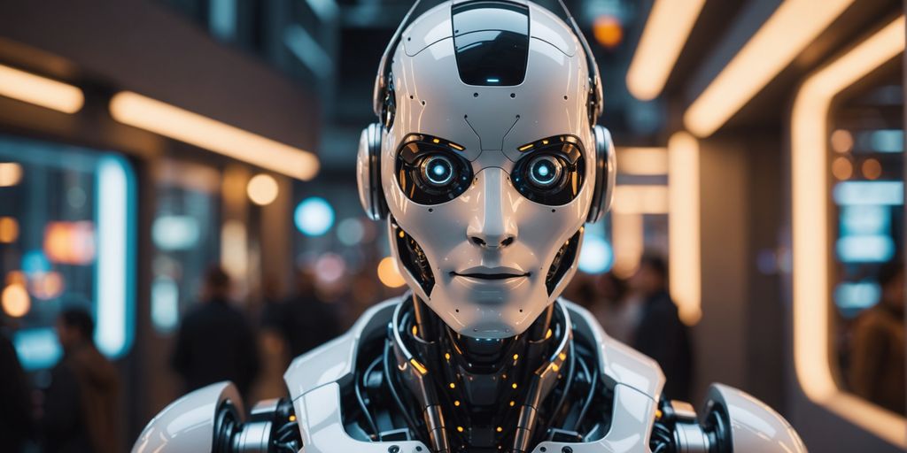 Robot with empathetic expression in modern setting