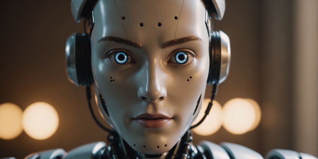 Humanoid robot with expressive eyes in warm light.
