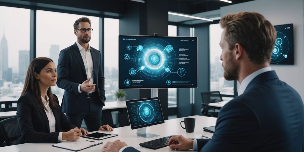 Salesperson showcasing AI voice tech to clients