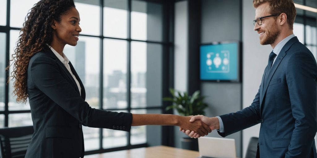 Business professional shaking hands with client in office.