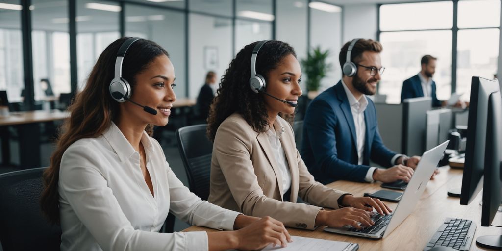 Customer support team assisting clients with AI technology.