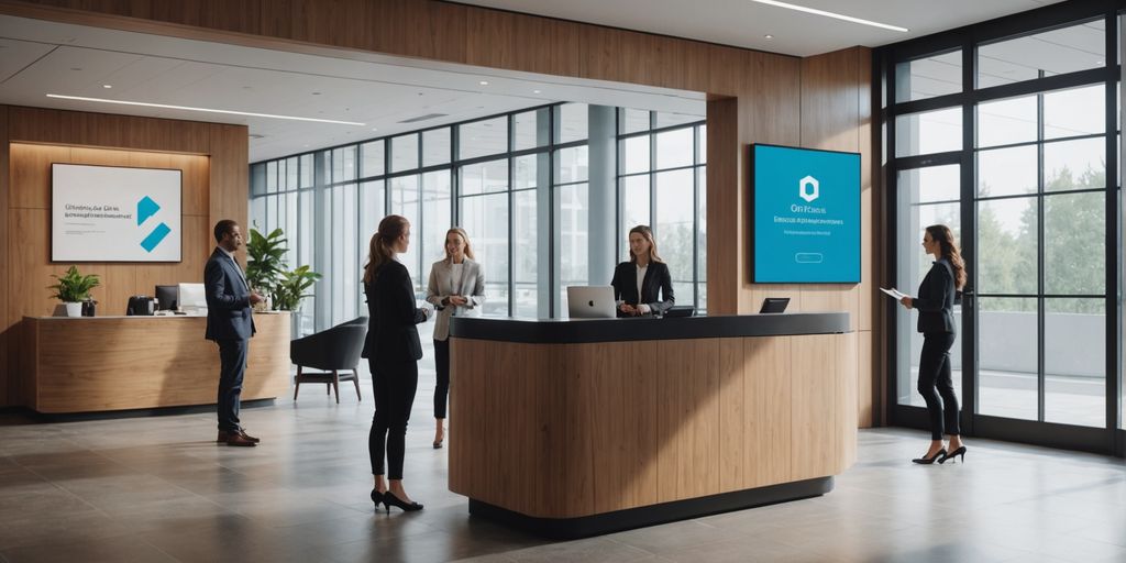 AI receptionist kiosk in a modern office lobby.