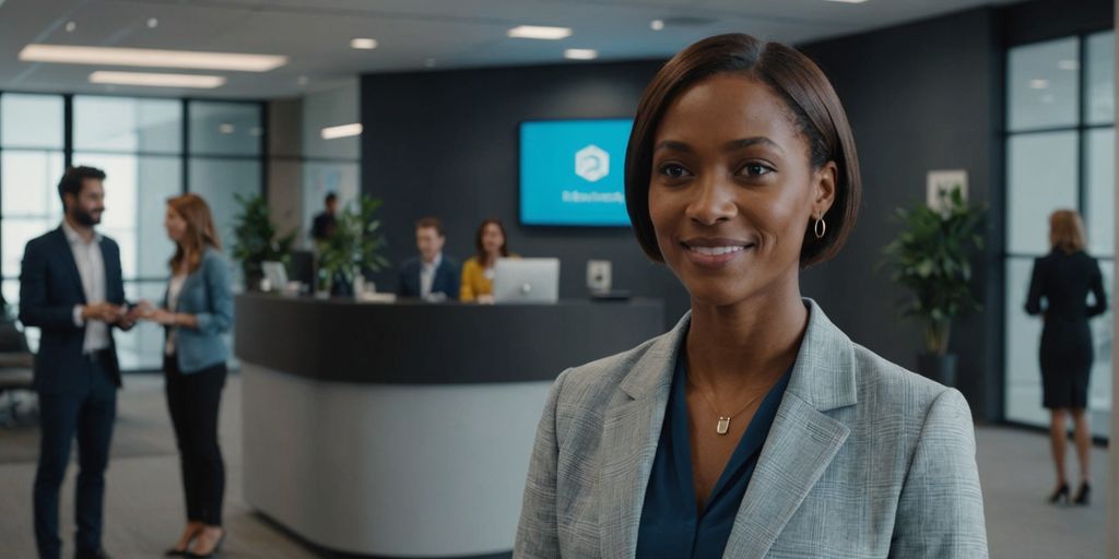 AI receptionist greeting people in office lobby