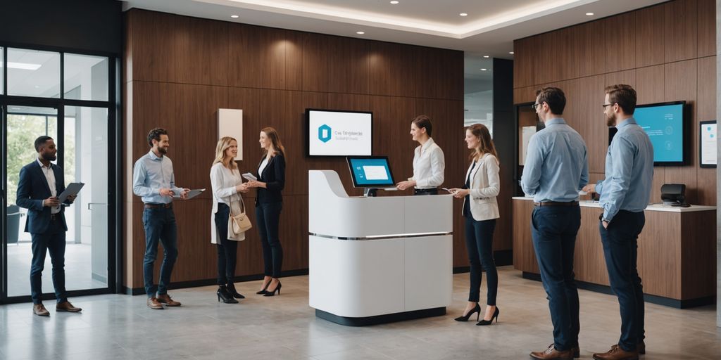 AI receptionist kiosk in a modern office lobby.