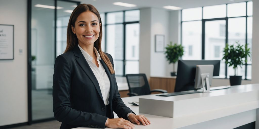 AI receptionist behind modern desk in bright office
