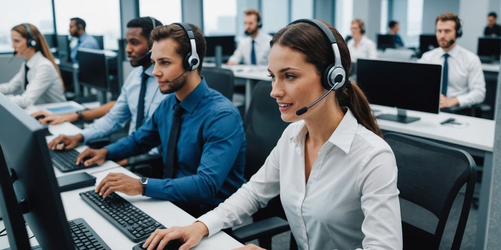 AI robots assisting human agents in a call center.