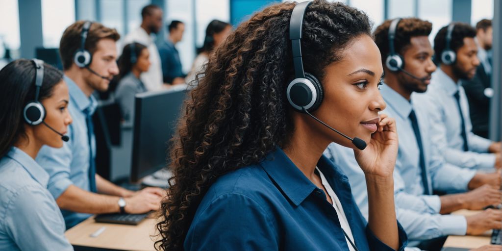 AI managing multiple customer service calls in a busy center.