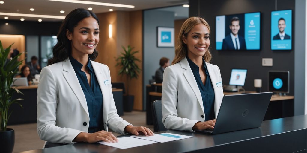 AI receptionist greeting visitor in modern office