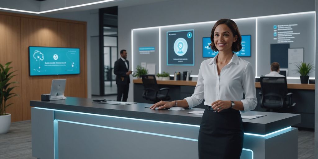 AI hologram receptionist in modern office greeting clients
