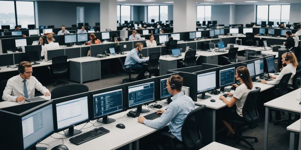 AI robots assisting in a busy call center.