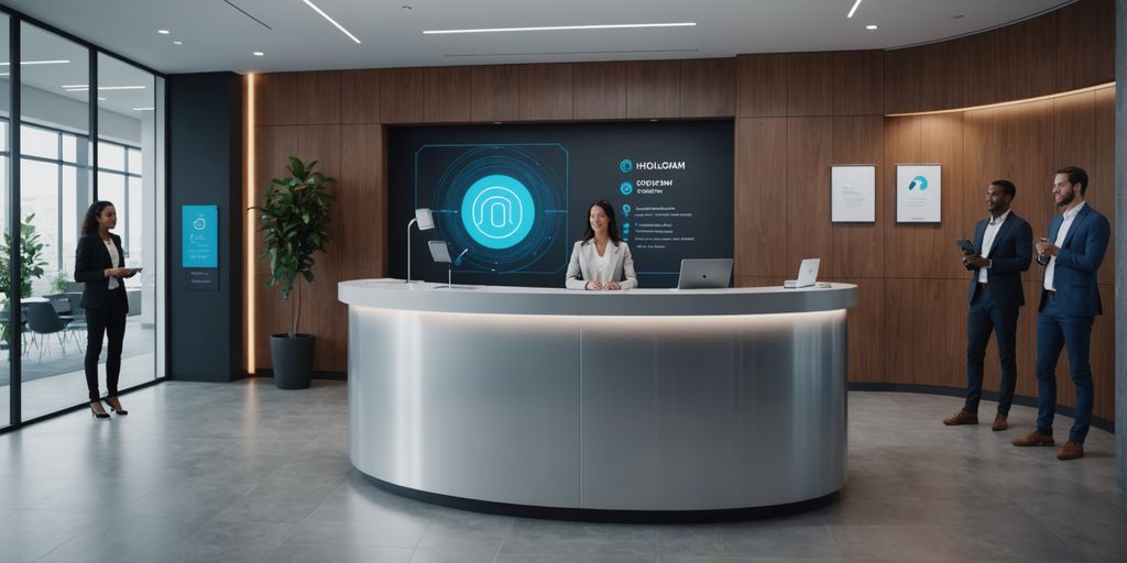AI receptionist greeting visitors in a modern office lobby.