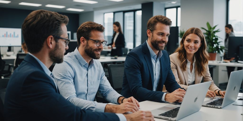 Team collaborating on AI customer service solutions.