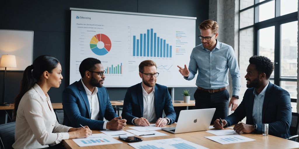 Team discussing AI solutions in a modern office