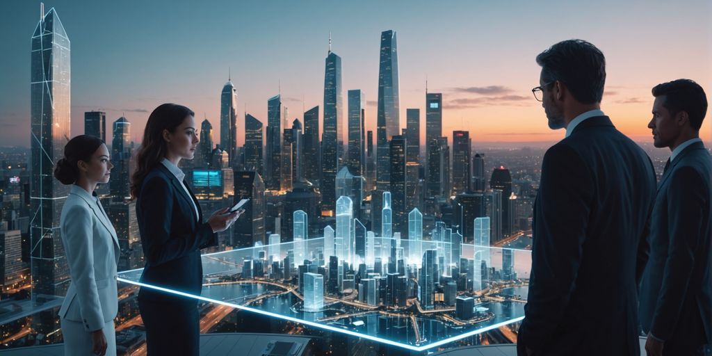 Futuristic city with AI holograms and businesspeople.