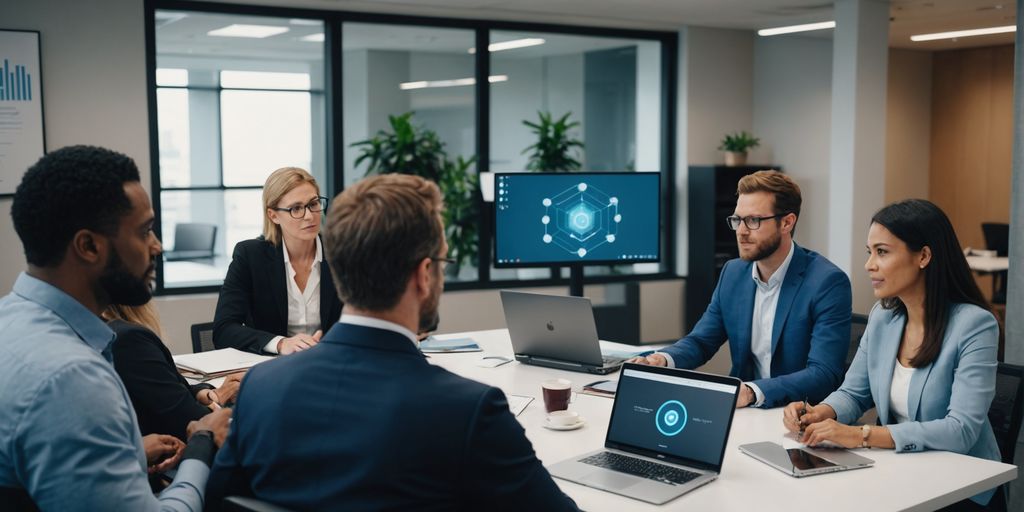 Diverse team discussing AI in modern office