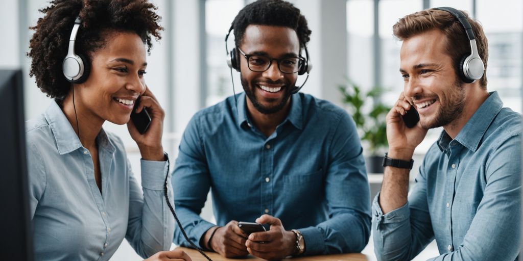 Customer frustration with call center vs. happiness with AI assistant.