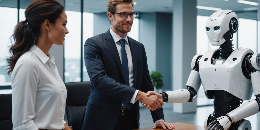 Businessperson shaking hands with a robot.