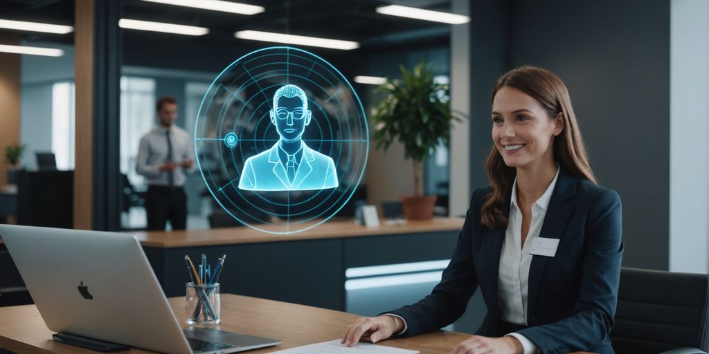 AI receptionist greeting businessperson in office
