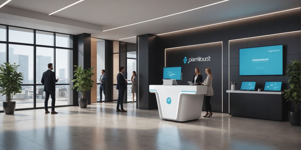 AI receptionist in a modern office lobby