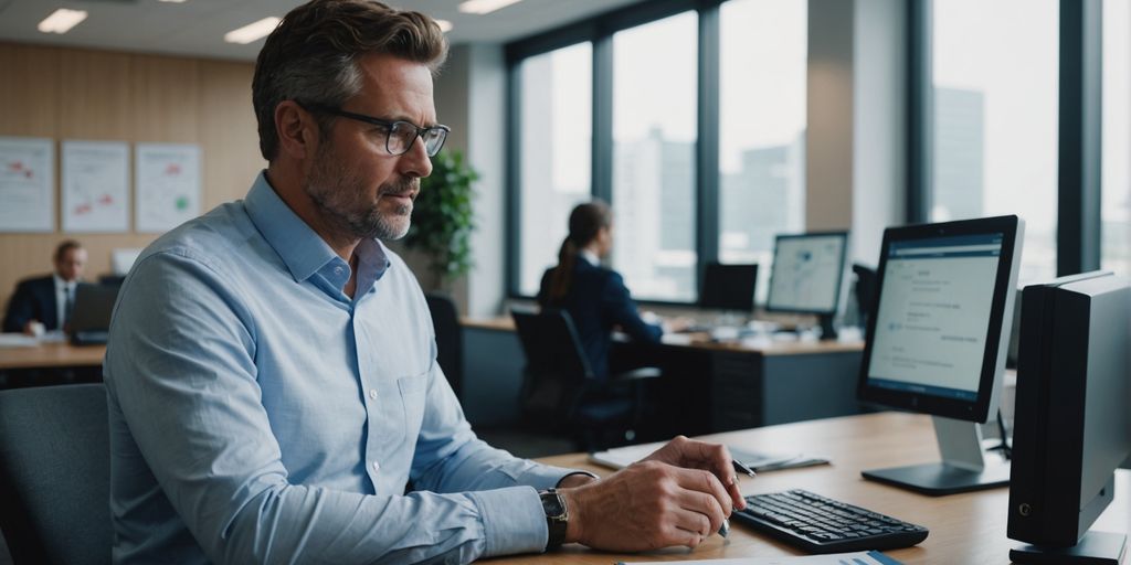 Businessperson discussing phone systems with a client.